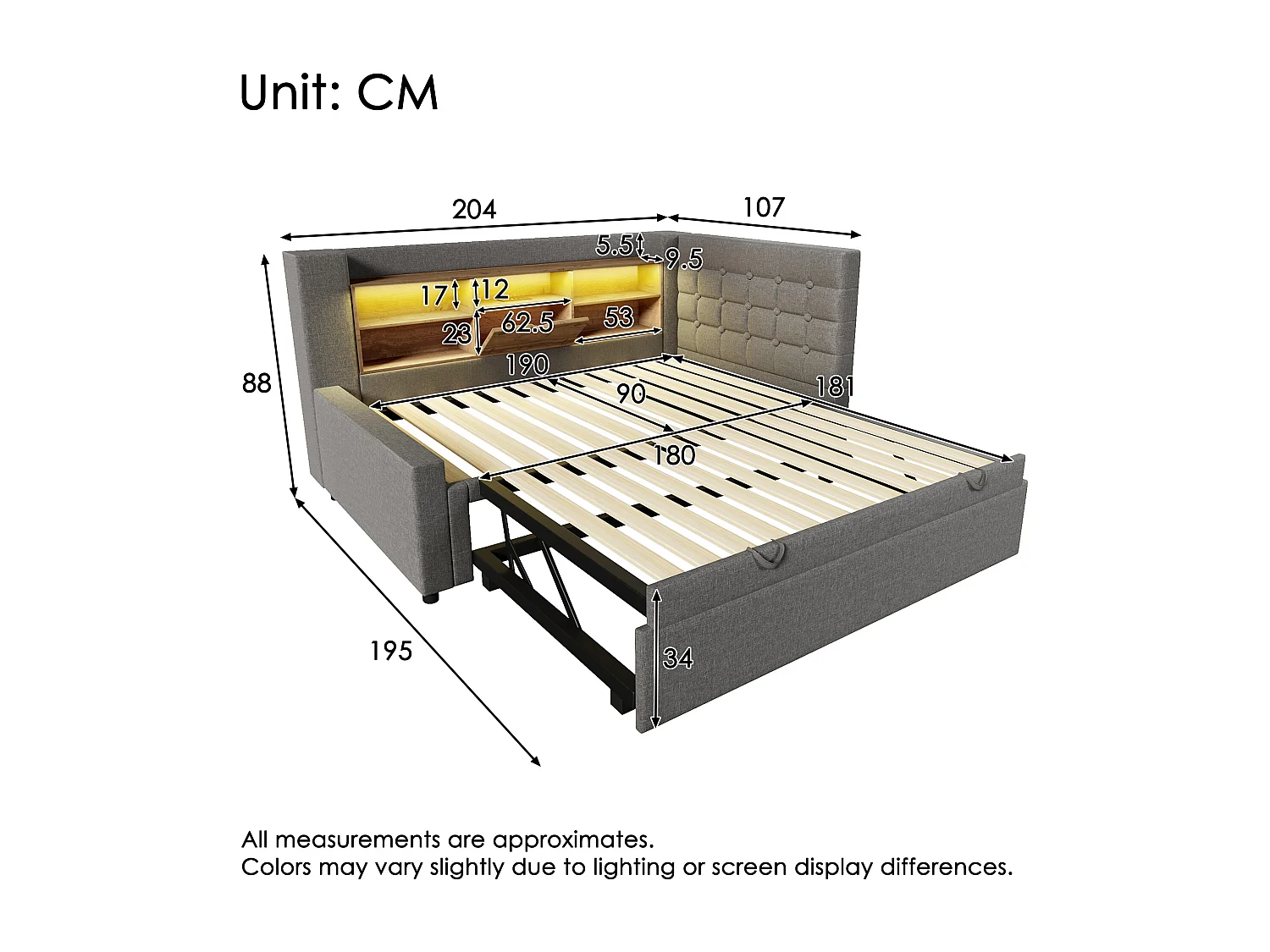 Upholstered bed 90 x 190 cm with pull-out bed 90 x 190 cm - with LEDs + storage headboard - linen - grey