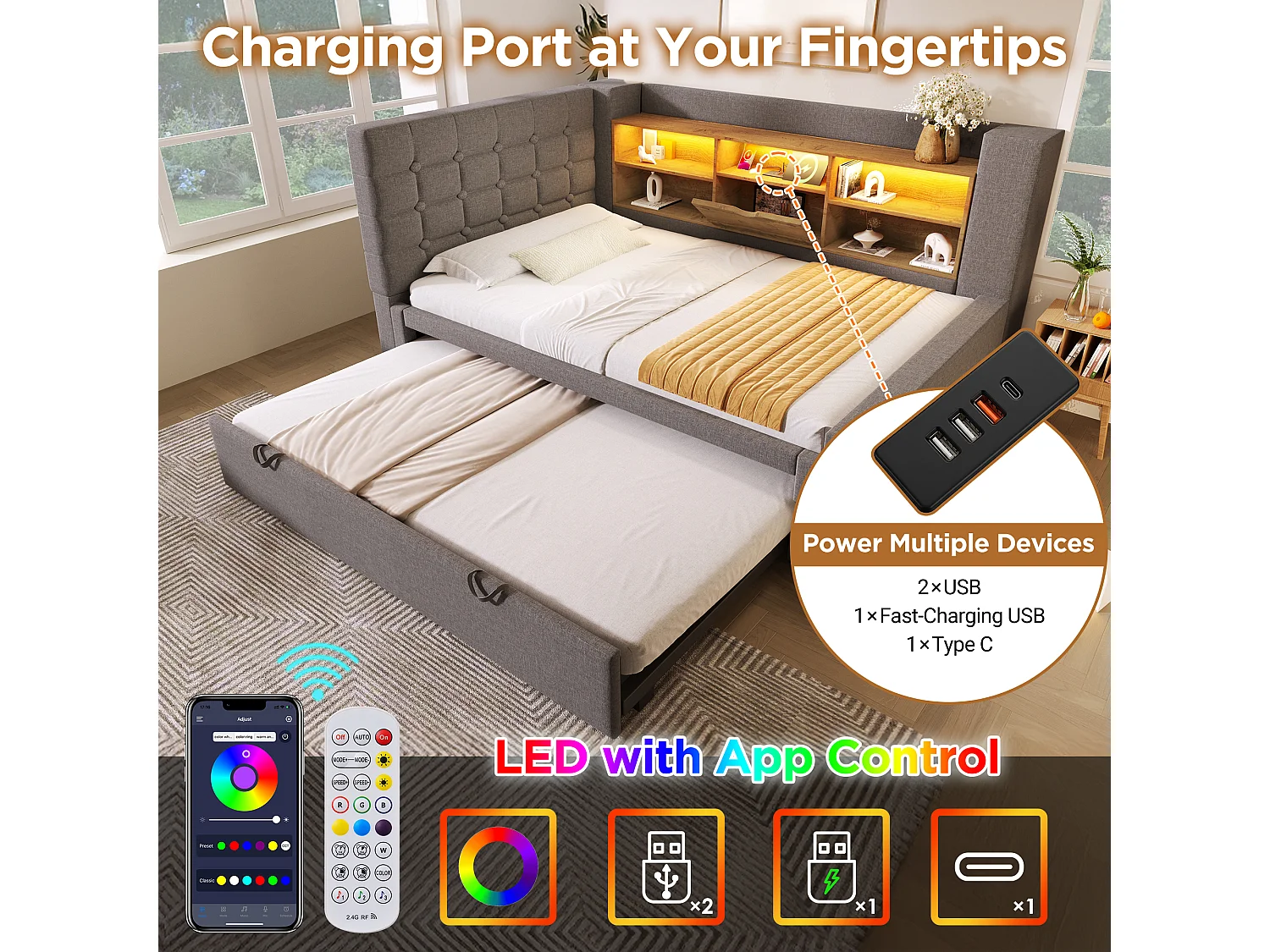 Upholstered bed 90 x 190 cm with pull-out bed 90 x 190 cm - with LEDs + storage headboard - linen - grey