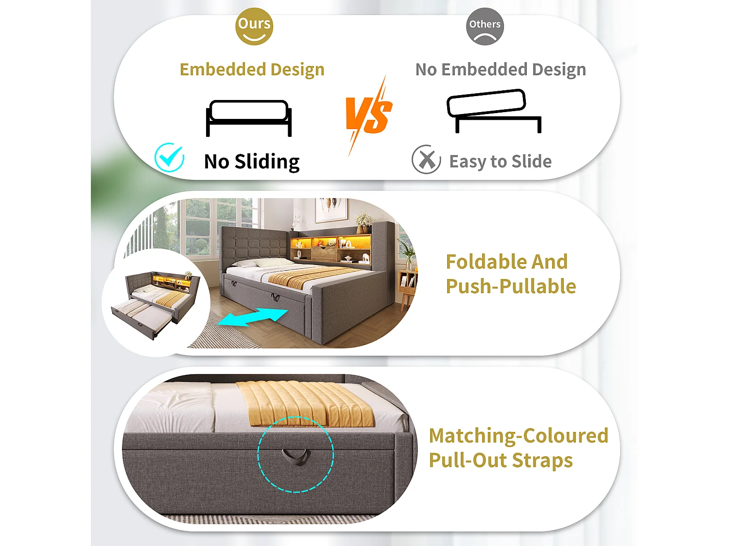 Upholstered bed 90 x 190 cm with pull-out bed 90 x 190 cm - with LEDs + storage headboard - linen - grey