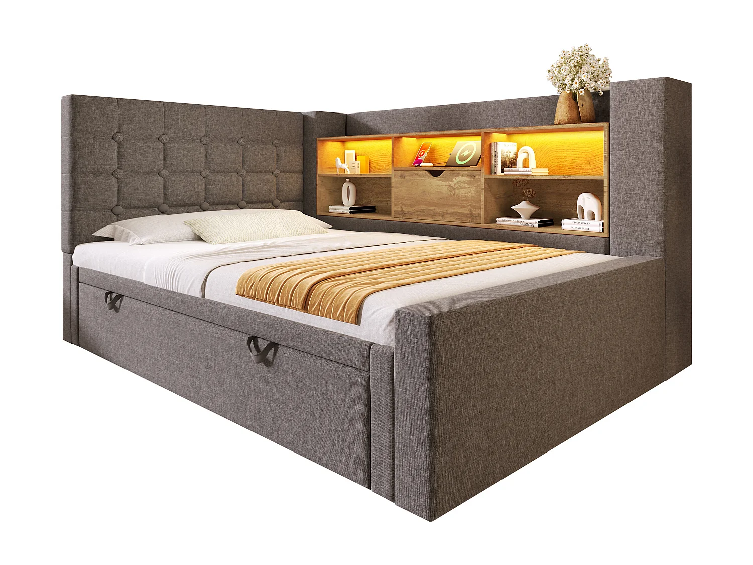 Upholstered bed 90 x 190 cm with pull-out bed 90 x 190 cm - with LEDs + storage headboard - linen - grey
