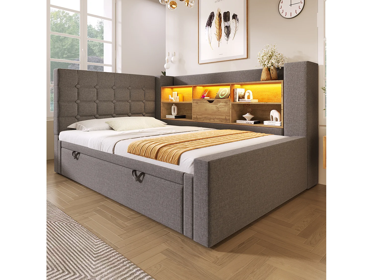 Upholstered bed 90 x 190 cm with pull-out bed 90 x 190 cm - with LEDs + storage headboard - linen - grey