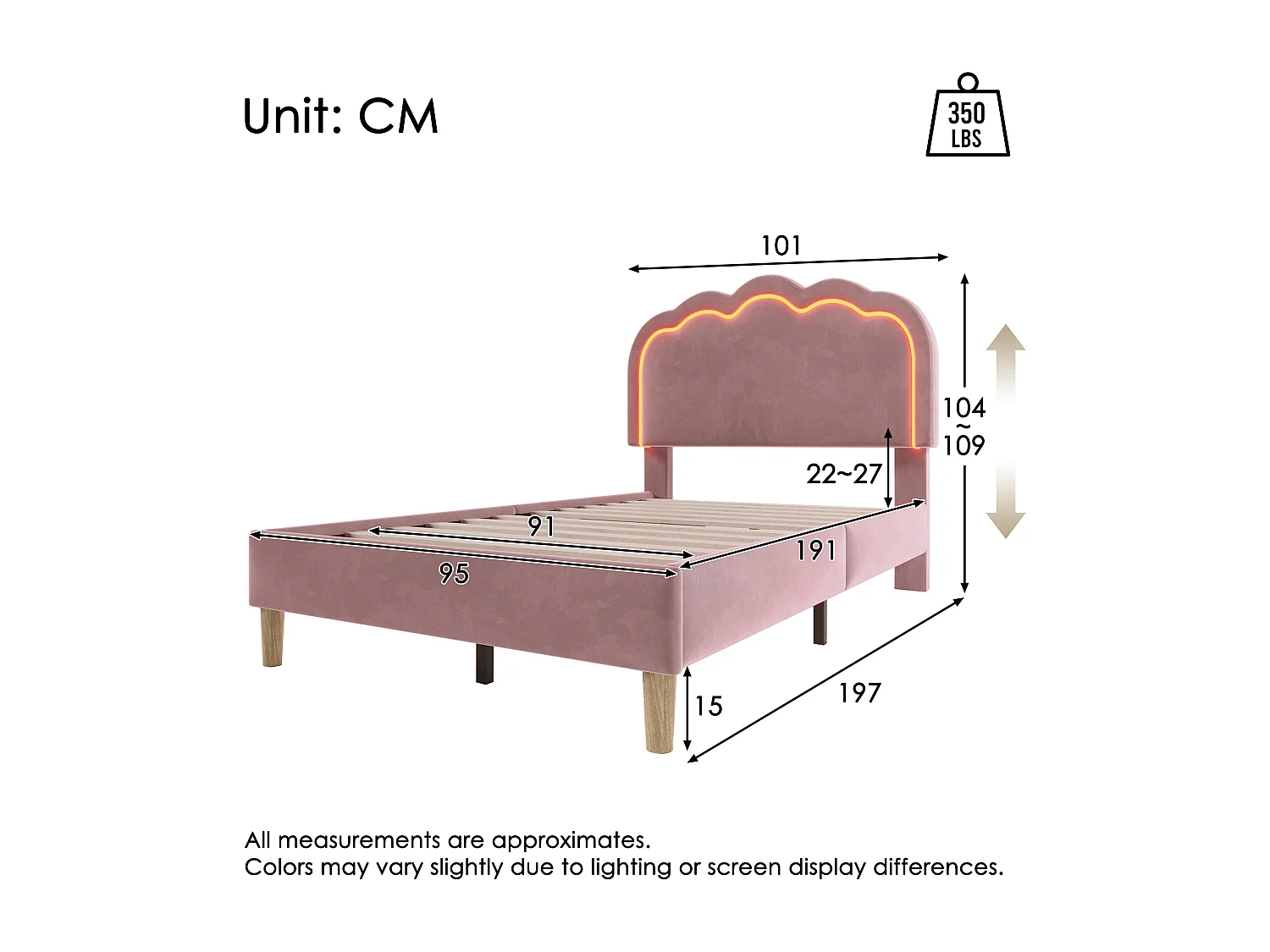 Upholstered children's bed - 90 x 190 cm - with adjustable headboard + LEDs - velvet - pink