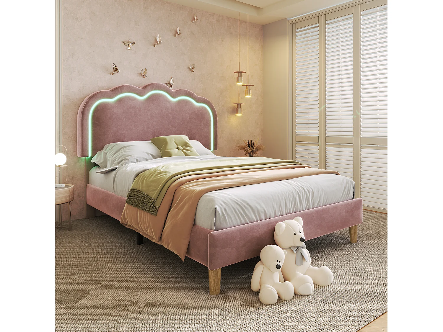Upholstered children's bed - 90 x 190 cm - with adjustable headboard + LEDs - velvet - pink