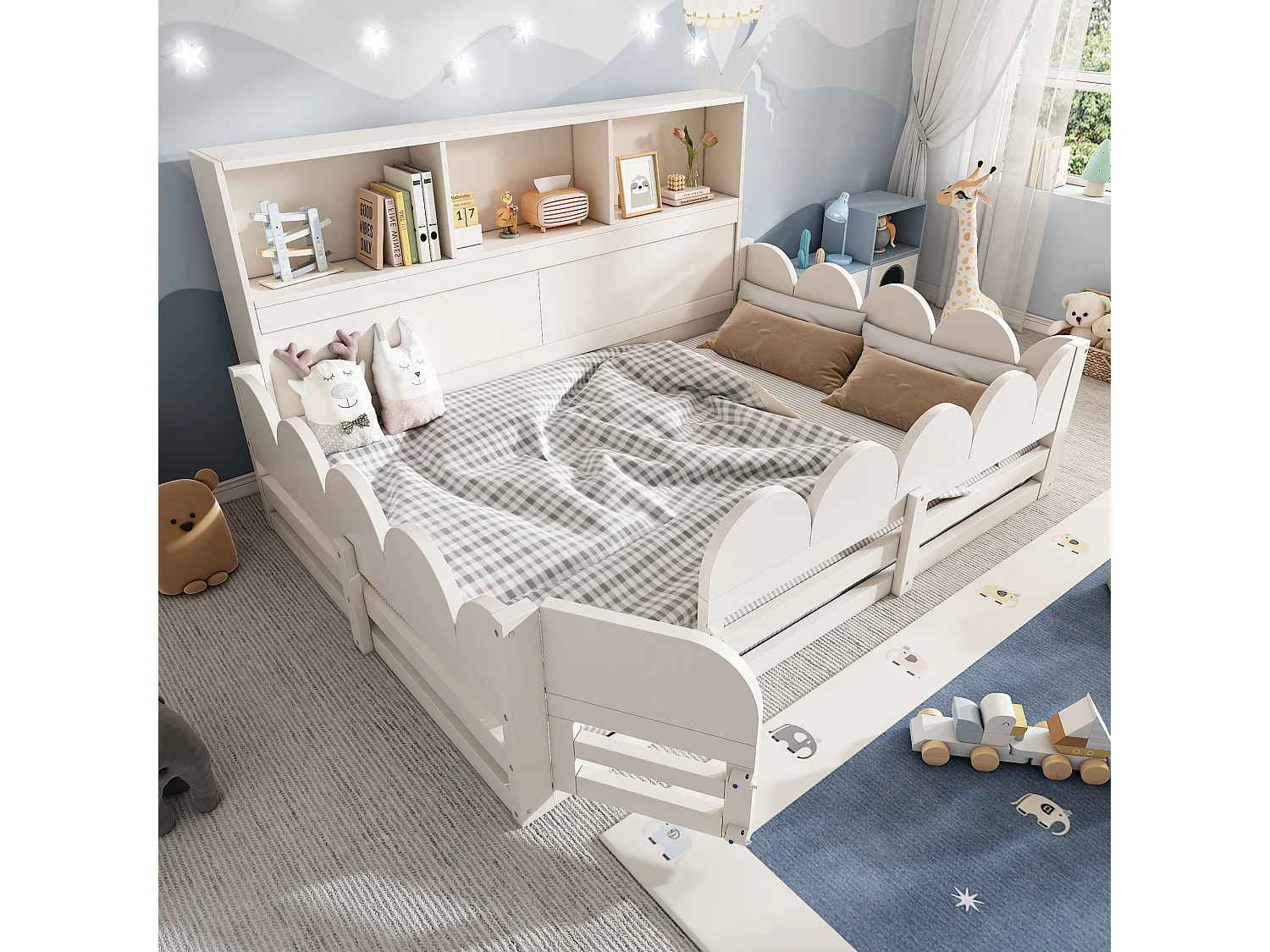 Lit enfant au sol - 140 x 190 cm - avec protection antichute + porte + étagère de rangement - bois - blanc