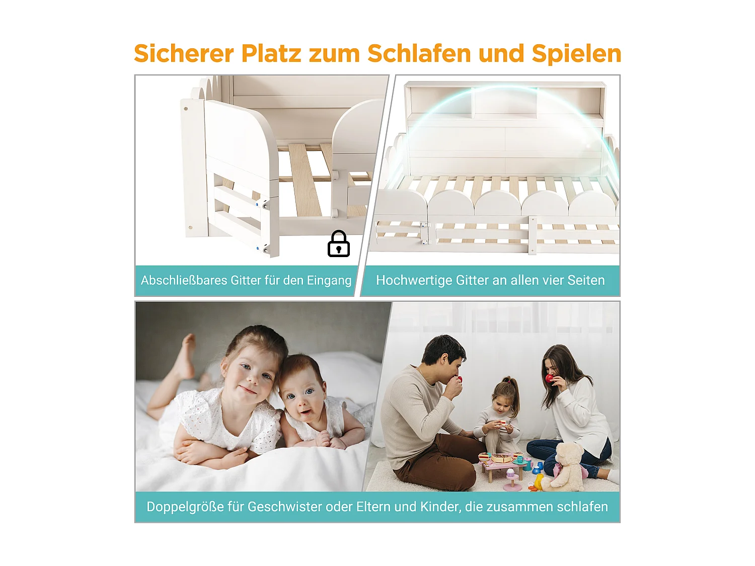 Lit enfant au sol - 140 x 190 cm - avec protection antichute + porte + étagère de rangement - bois - blanc