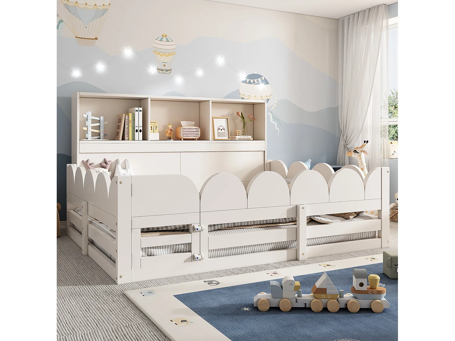Lit enfant au sol - 140 x 190 cm - avec protection antichute + porte + étagère de rangement - bois - blanc