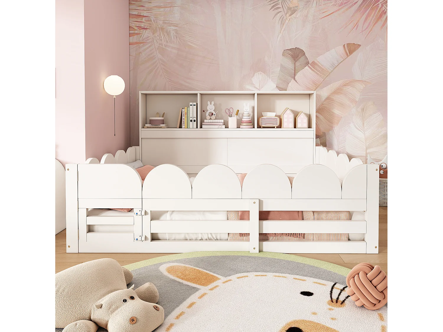 Lit enfant au sol - 140 x 190 cm - avec protection antichute + porte + étagère de rangement - bois - blanc