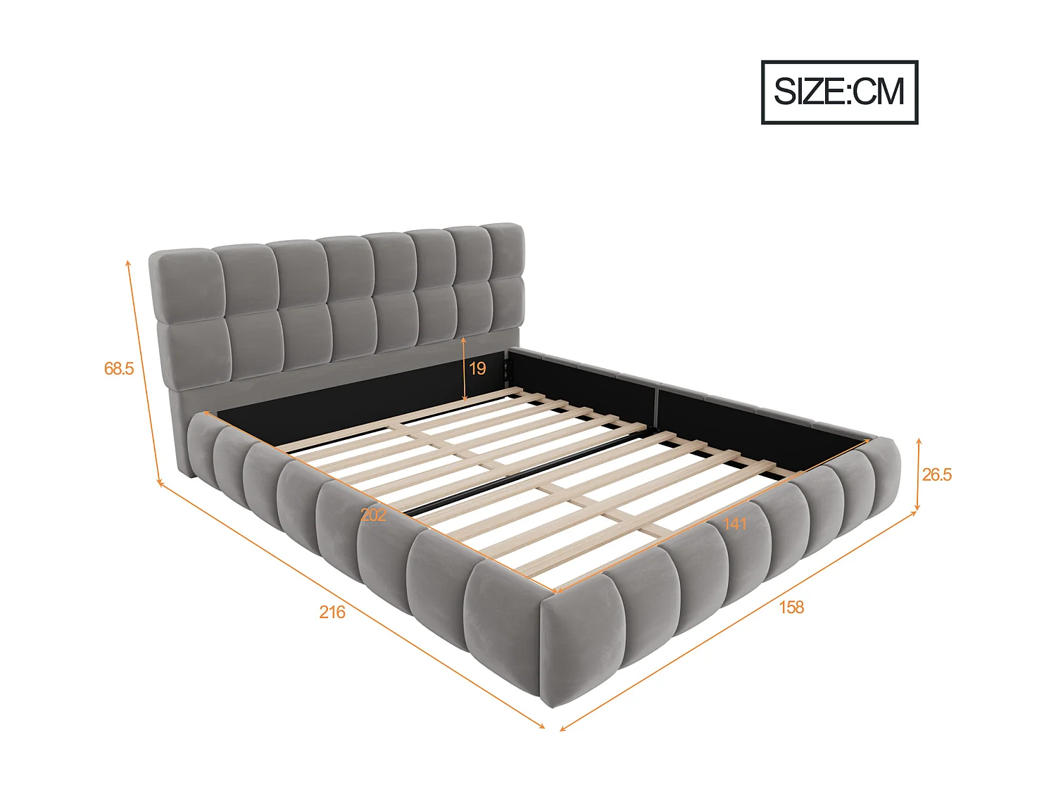 Lit rembourré enfant - 140 x 200 cm - avec dossier moelleux + contour rembourré - velours - gris