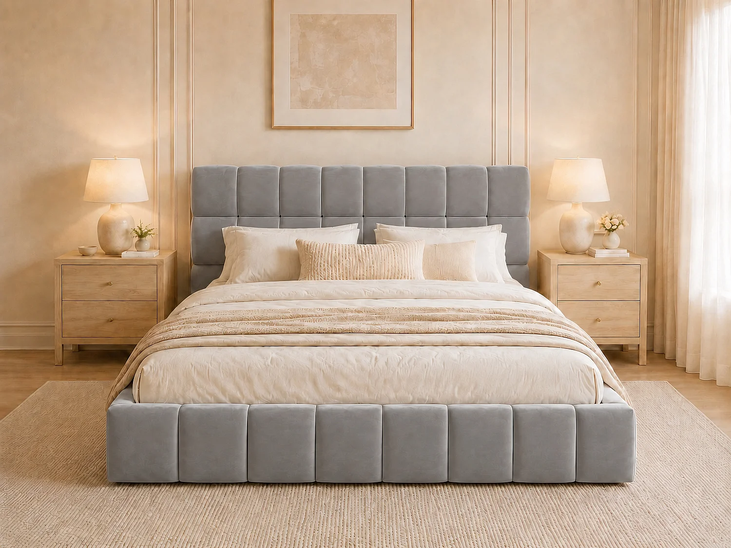 Lit rembourré enfant - 140 x 200 cm - avec dossier moelleux + contour rembourré - velours - gris