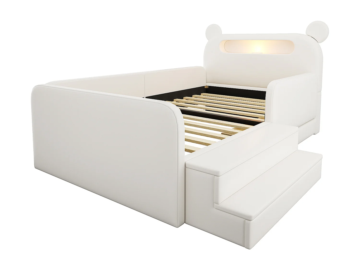 Klädd barnsäng - 90 x 200 cm - med huvudgavel + nattlampa + USB-port + låda + fotpall - konstläder - vit