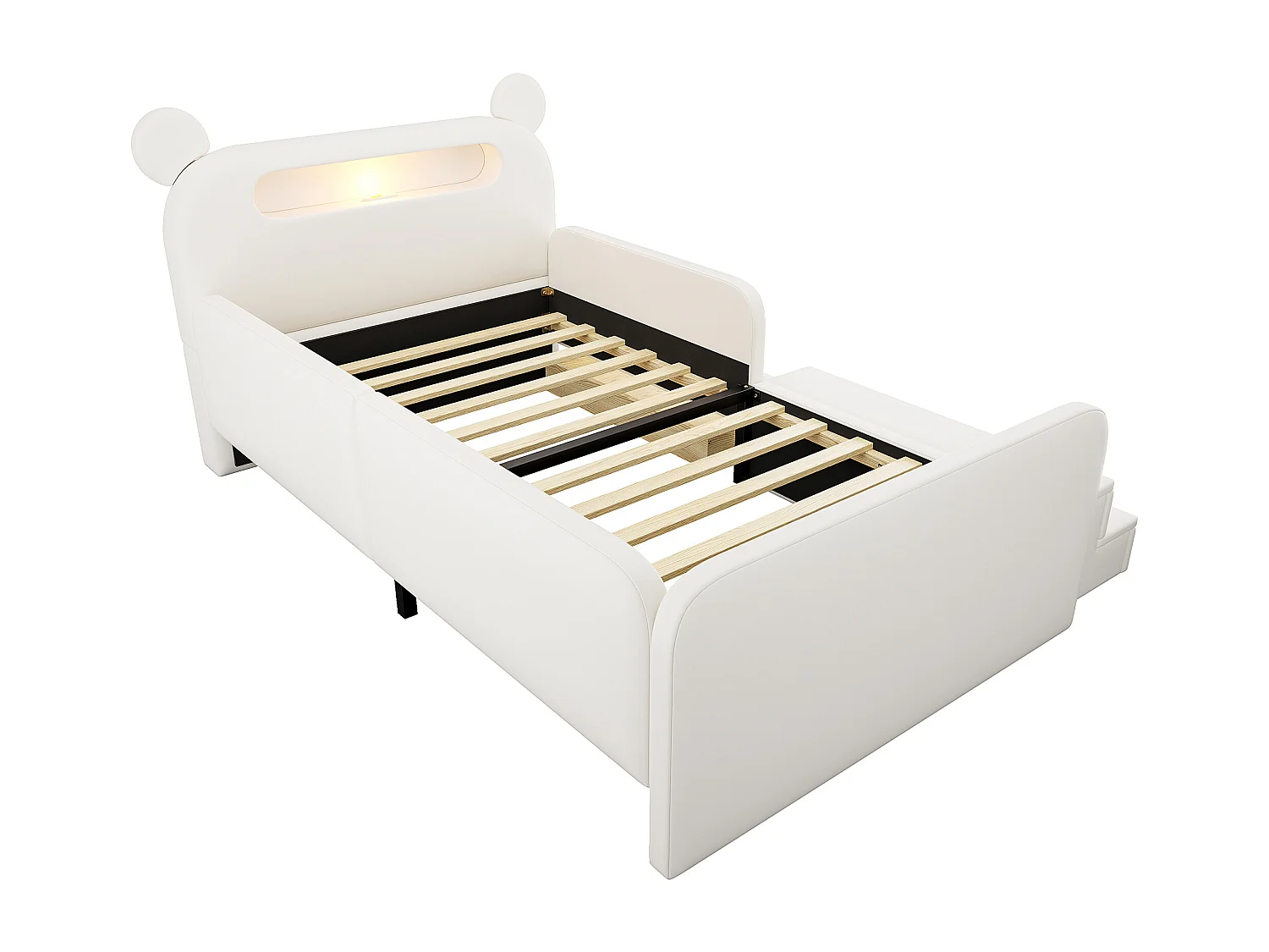 Klädd barnsäng - 90 x 200 cm - med huvudgavel + nattlampa + USB-port + låda + fotpall - konstläder - vit