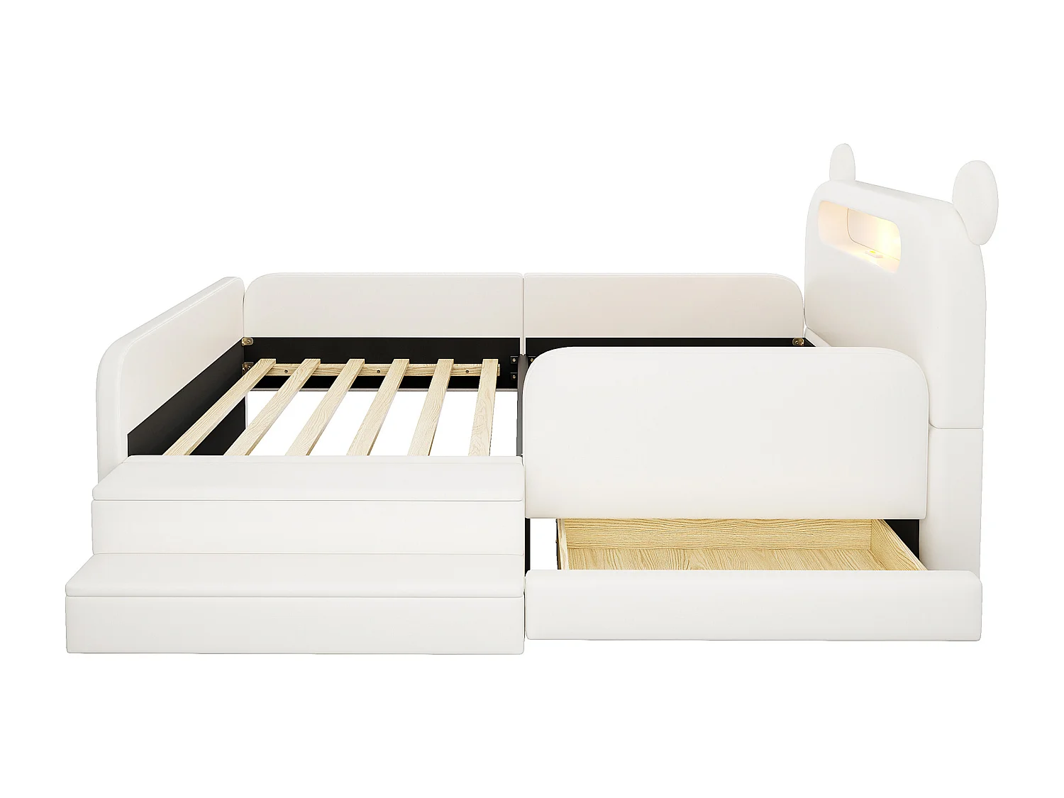 Klädd barnsäng - 90 x 200 cm - med huvudgavel + nattlampa + USB-port + låda + fotpall - konstläder - vit