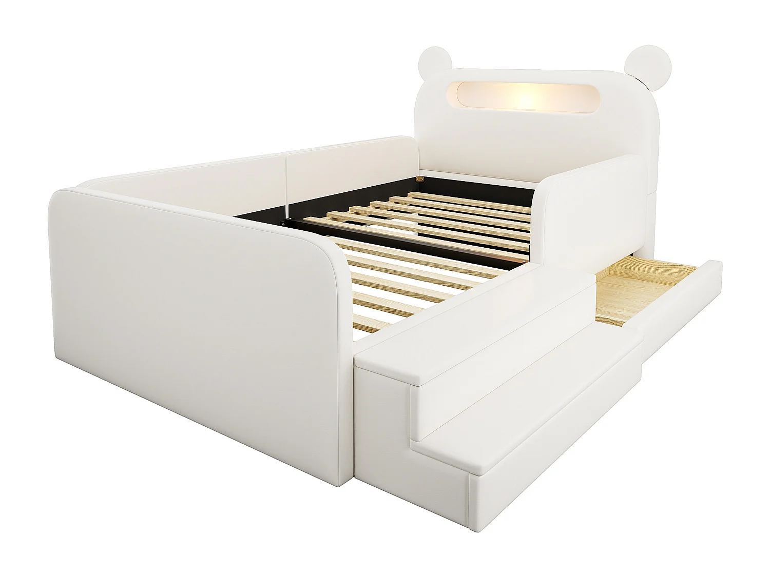 Klädd barnsäng - 90 x 200 cm - med huvudgavel + nattlampa + USB-port + låda + fotpall - konstläder - vit