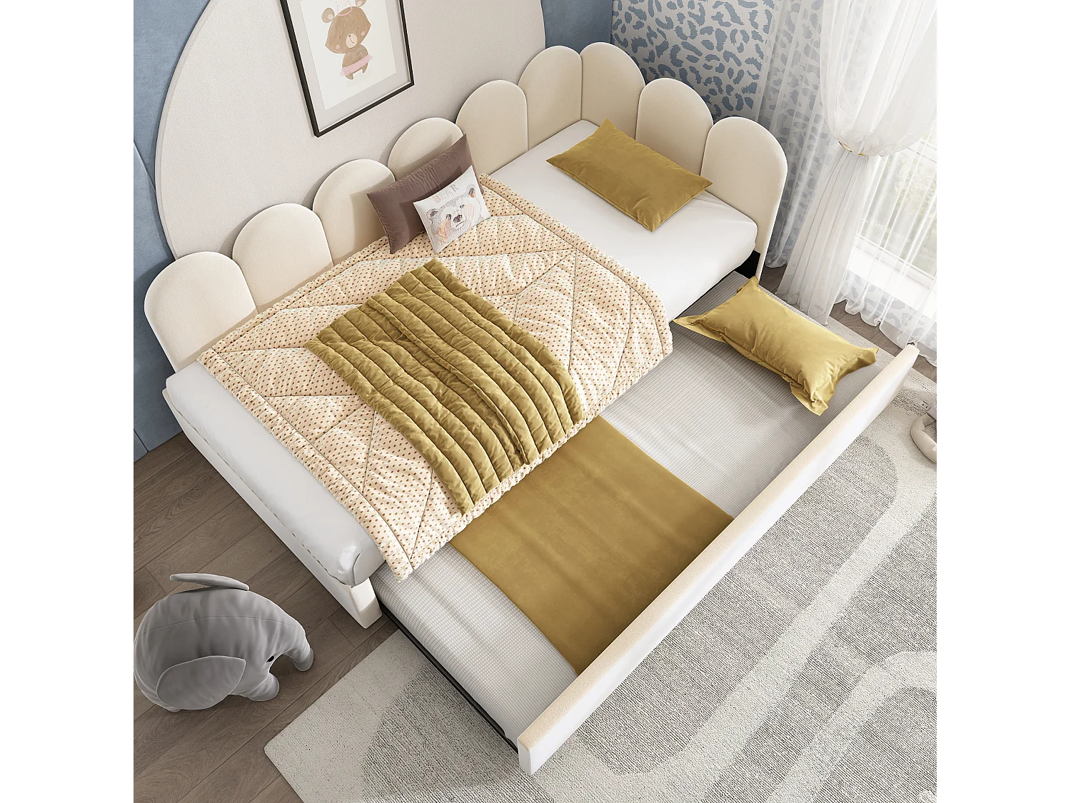 Upholstered trundle bed - 90 x 190 cm + 90 x 180 cm - children's sofa bed - without mattress - velvet - beige