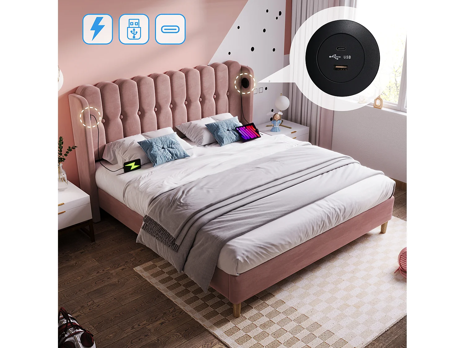Upholstered bed - 135 x 190 cm - with headboard + USB + Type-C - velvet - pink