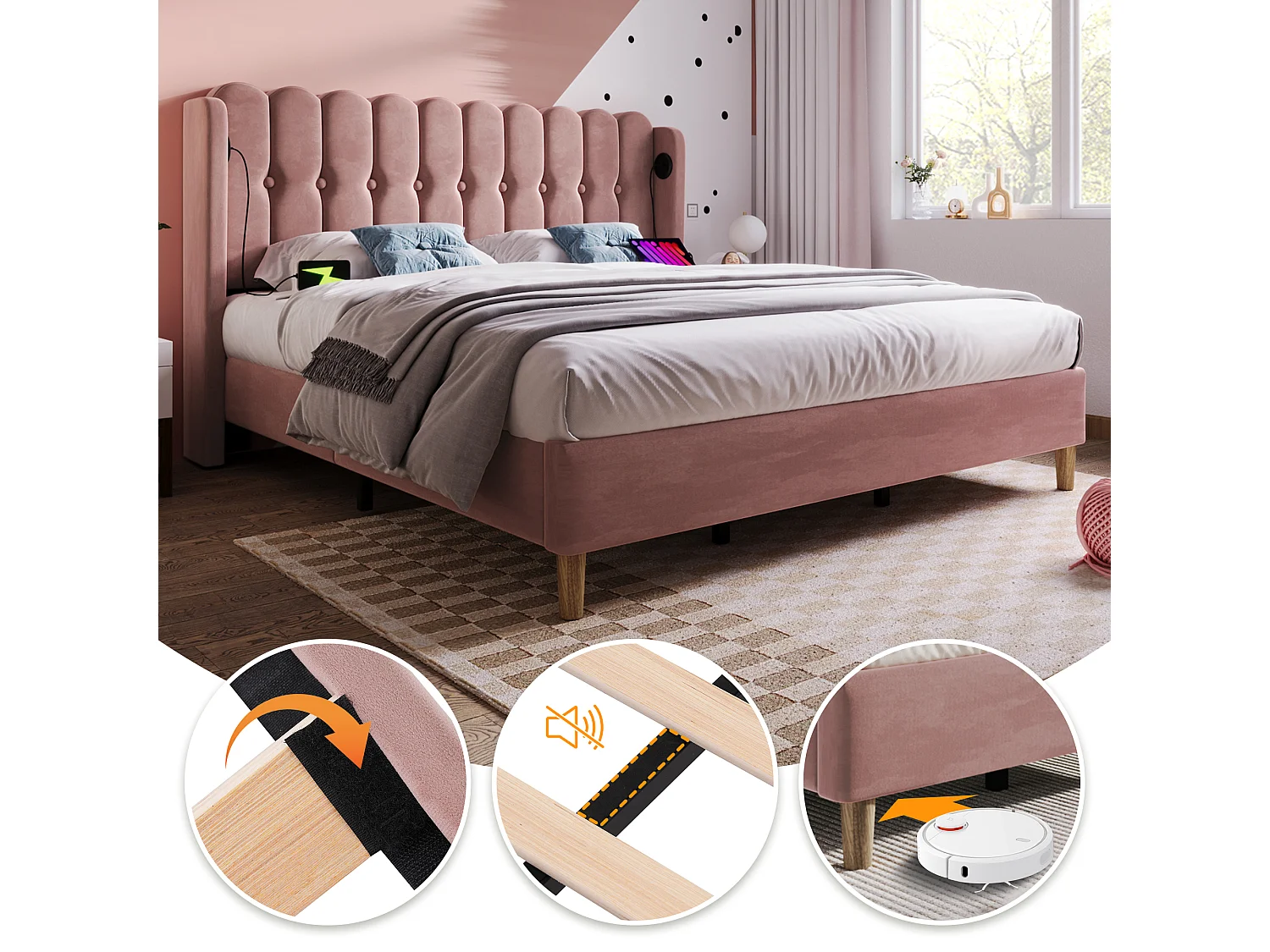 Upholstered bed - 135 x 190 cm - with headboard + USB + Type-C - velvet - pink