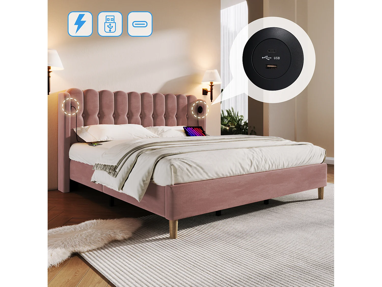Upholstered bed - 135 x 190 cm - with headboard + USB + Type-C - velvet - pink