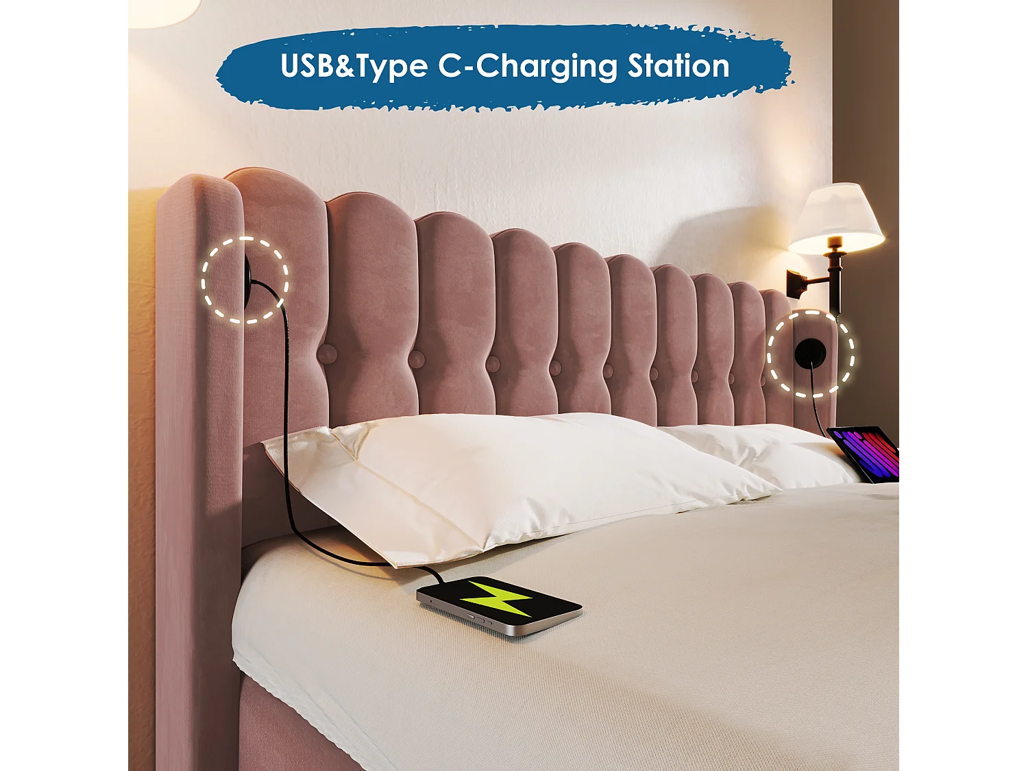 Upholstered bed - 135 x 190 cm - with headboard + USB + Type-C - velvet - pink