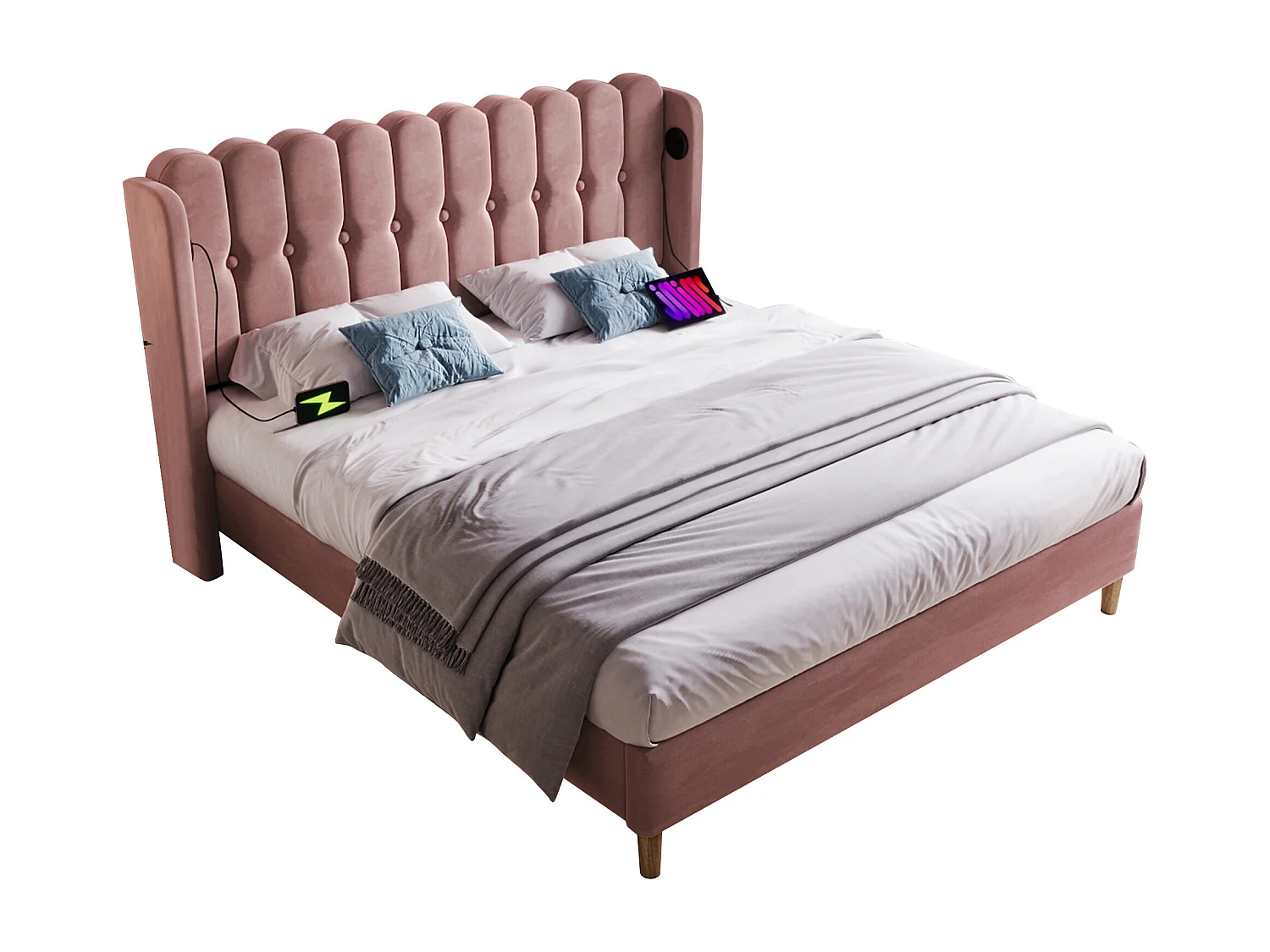 Upholstered bed - 135 x 190 cm - with headboard + USB + Type-C - velvet - pink