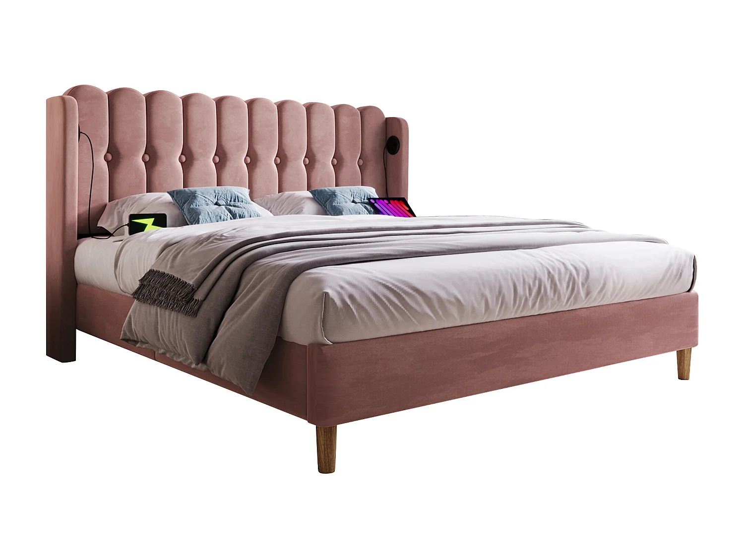Upholstered bed - 135 x 190 cm - with headboard + USB + Type-C - velvet - pink