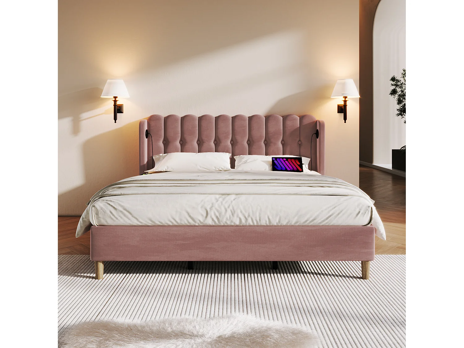 Upholstered bed - 135 x 190 cm - with headboard + USB + Type-C - velvet - pink