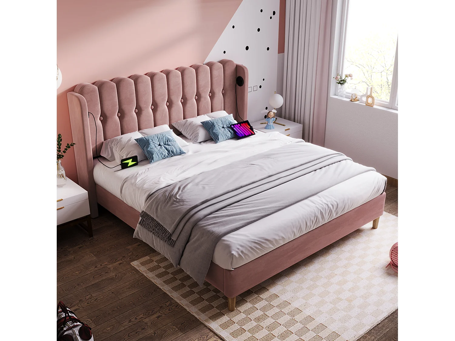 Upholstered bed - 135 x 190 cm - with headboard + USB + Type-C - velvet - pink