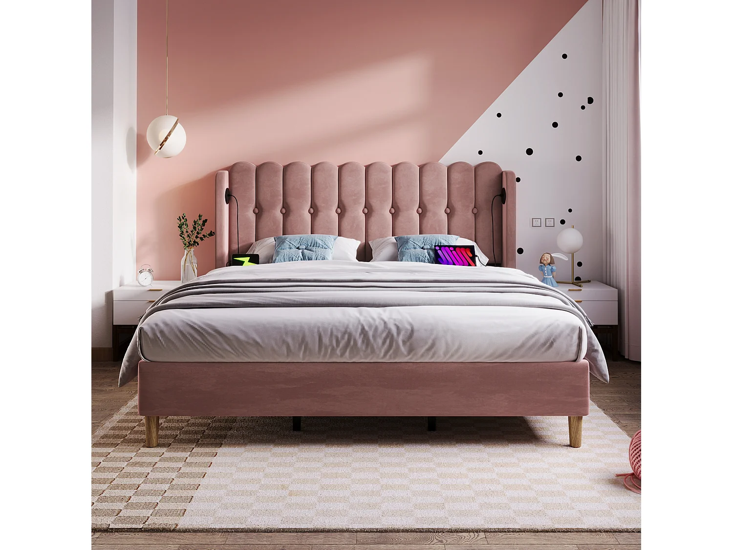 Upholstered bed - 135 x 190 cm - with headboard + USB + Type-C - velvet - pink