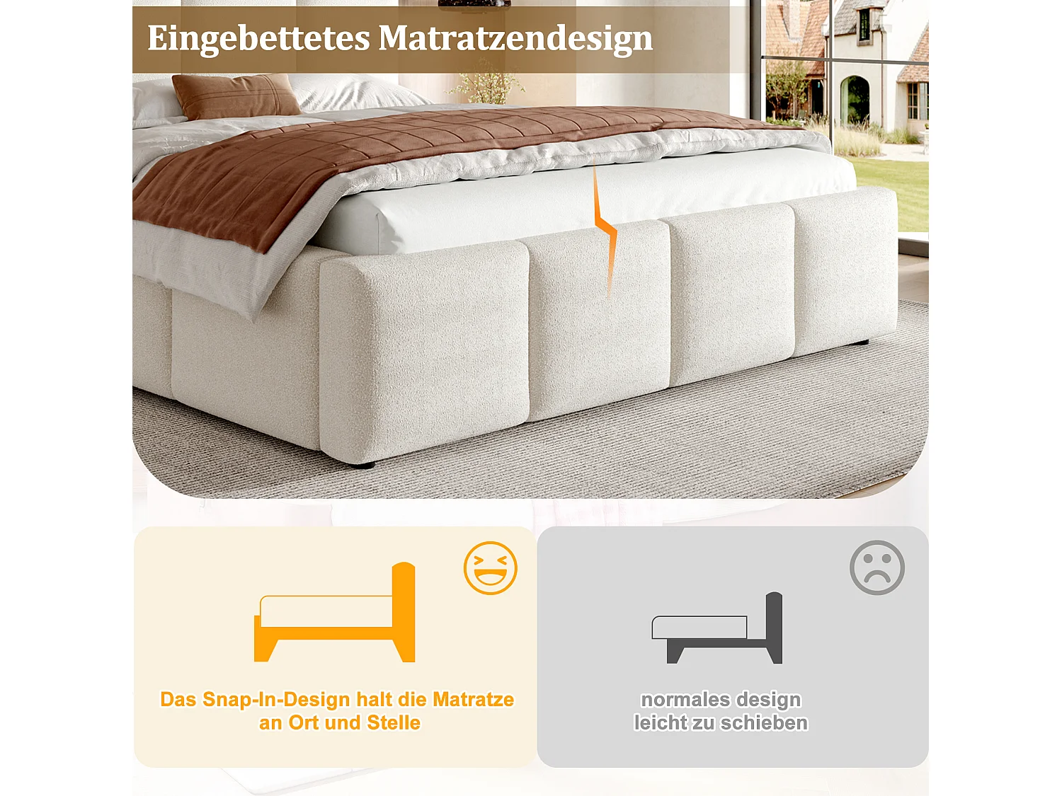 Klädd dubbelsäng - 160 x 200 cm - med ribbotten + huvudgavel - ögletyg - beige