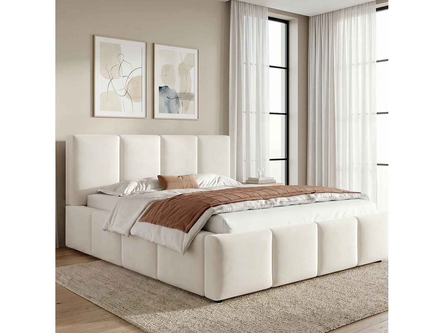 Gepolstertes Doppelbett – 180 x 200 cm – mit Lattenrost und Kopfteil – Chenille – beige