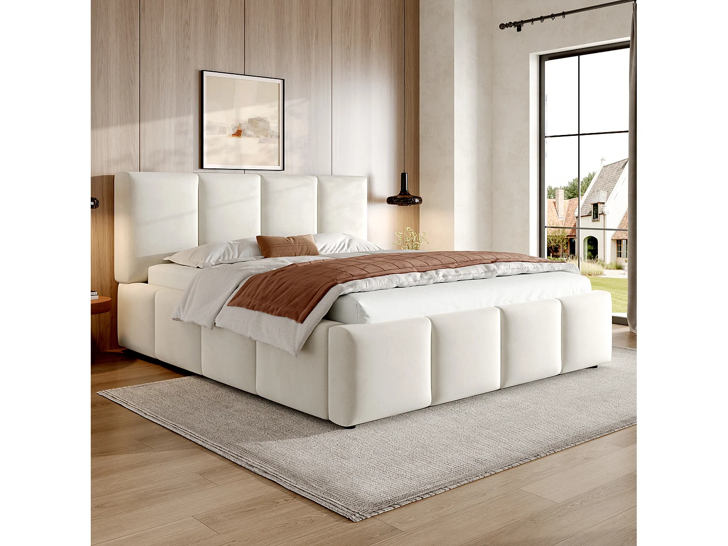 Gepolstertes Doppelbett – 180 x 200 cm – mit Lattenrost und Kopfteil – Chenille – beige