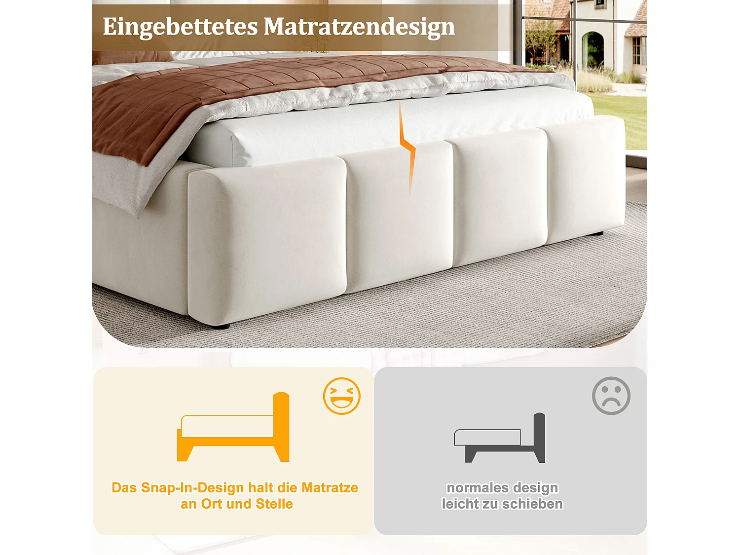 Gepolstertes Doppelbett – 180 x 200 cm – mit Lattenrost und Kopfteil – Chenille – beige