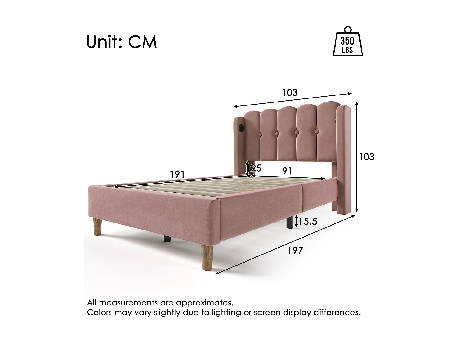 Upholstered single bed - 90 x 190 cm - with headboard + USB + Type-C - velvet - pink