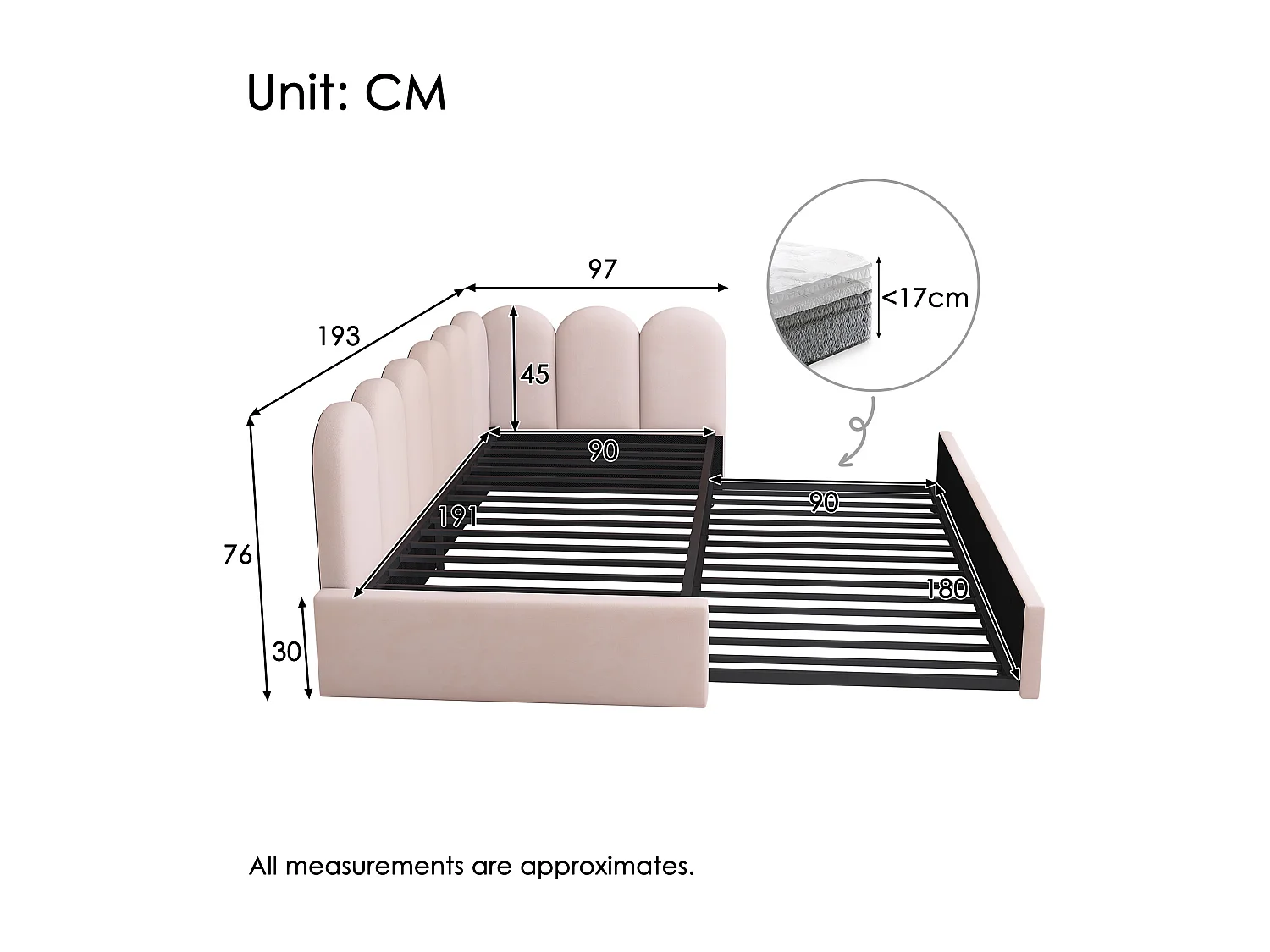 Upholstered trundle bed - 90 x 190 cm + 90 x 180 cm - children's sofa bed - without mattress - velvet - pink