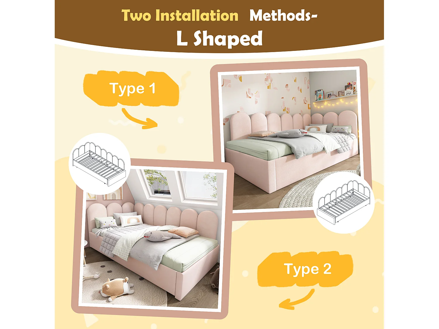 Upholstered trundle bed - 90 x 190 cm + 90 x 180 cm - children's sofa bed - without mattress - velvet - pink