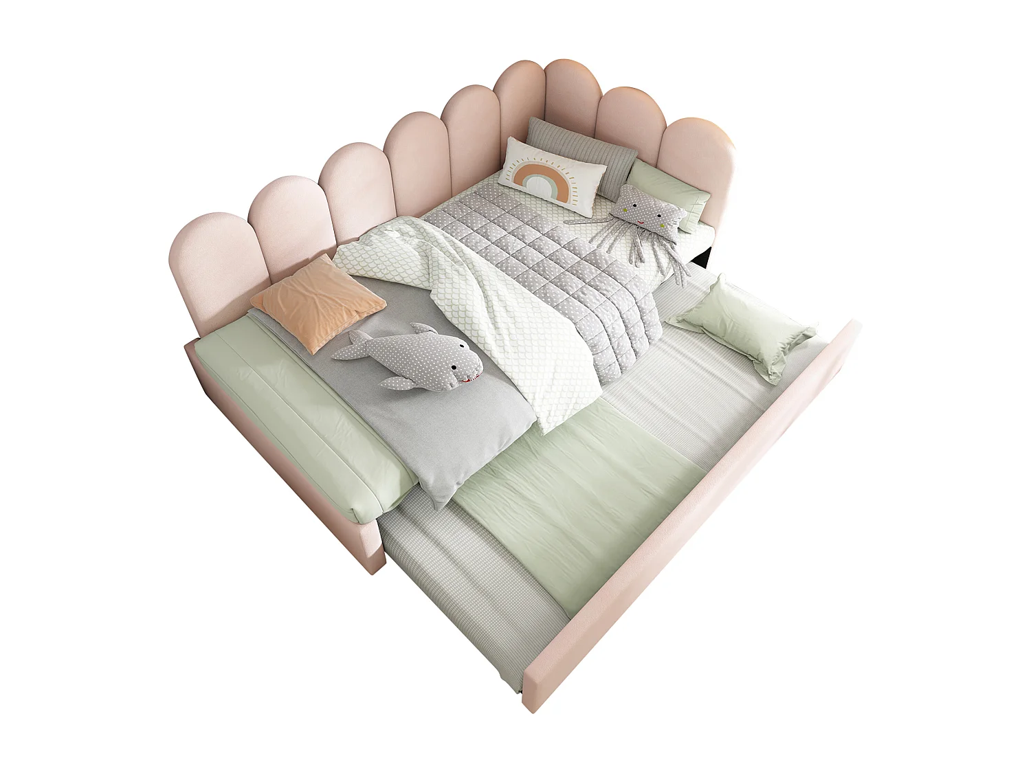 Upholstered trundle bed - 90 x 190 cm + 90 x 180 cm - children's sofa bed - without mattress - velvet - pink