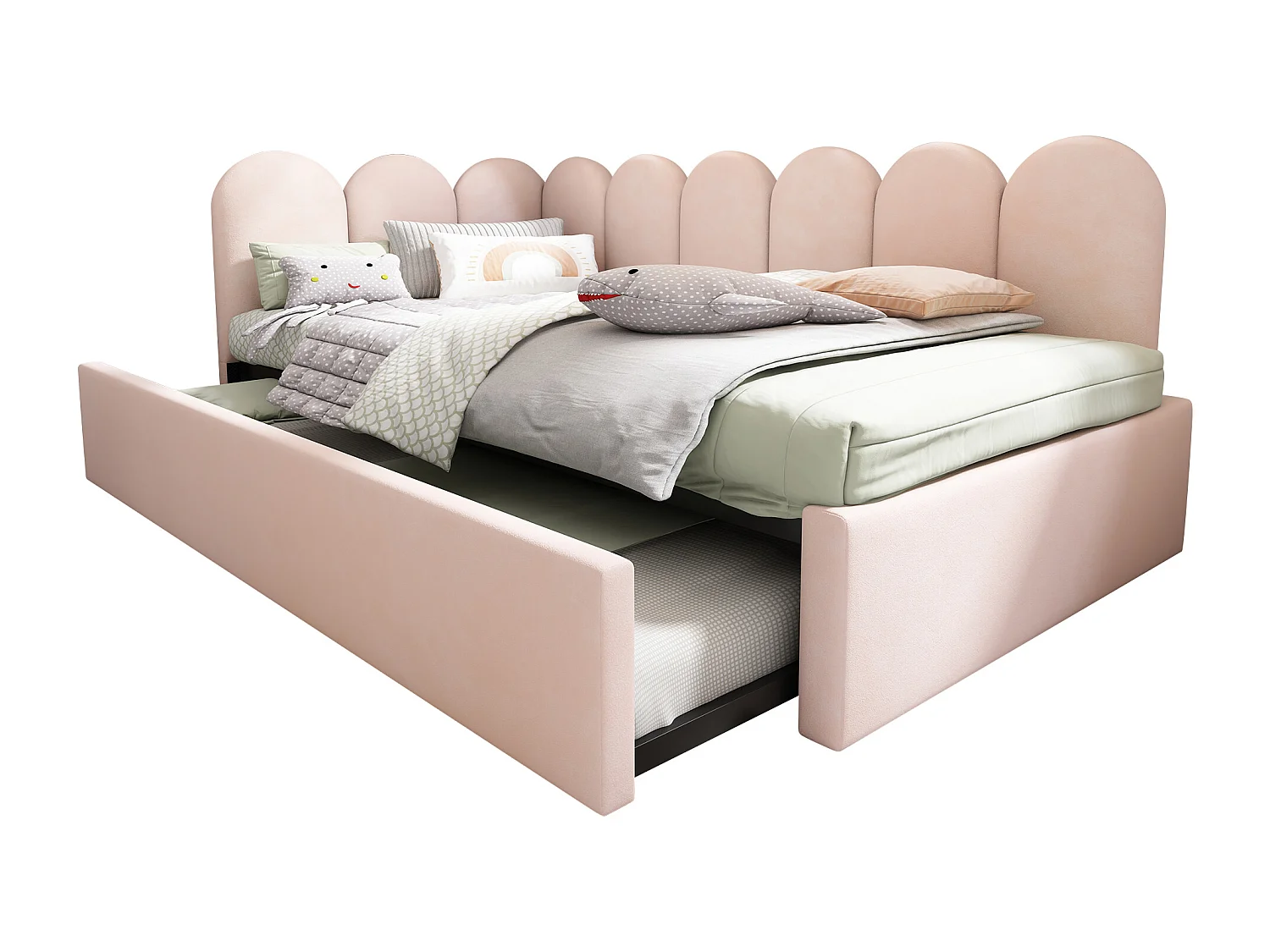 Upholstered trundle bed - 90 x 190 cm + 90 x 180 cm - children's sofa bed - without mattress - velvet - pink