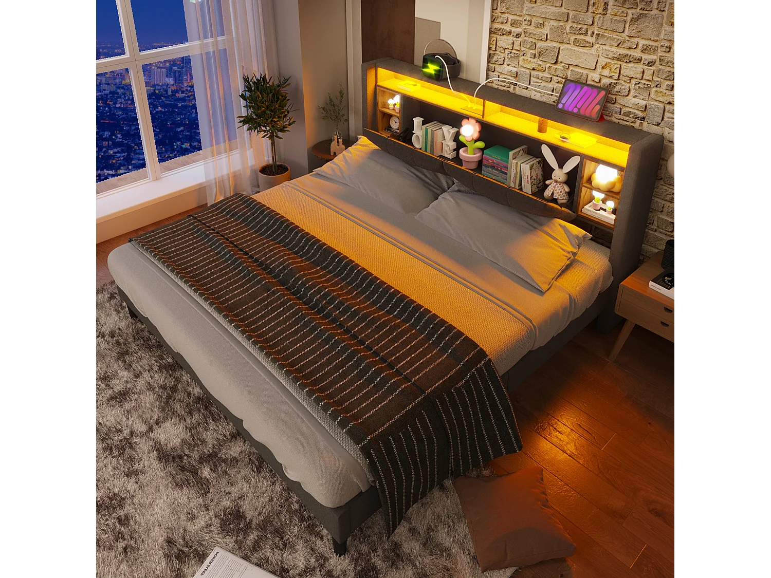 Lit rembourré double - 160 x 200 cm - avec tête de lit de rangement + USB + Leds - bois - gris