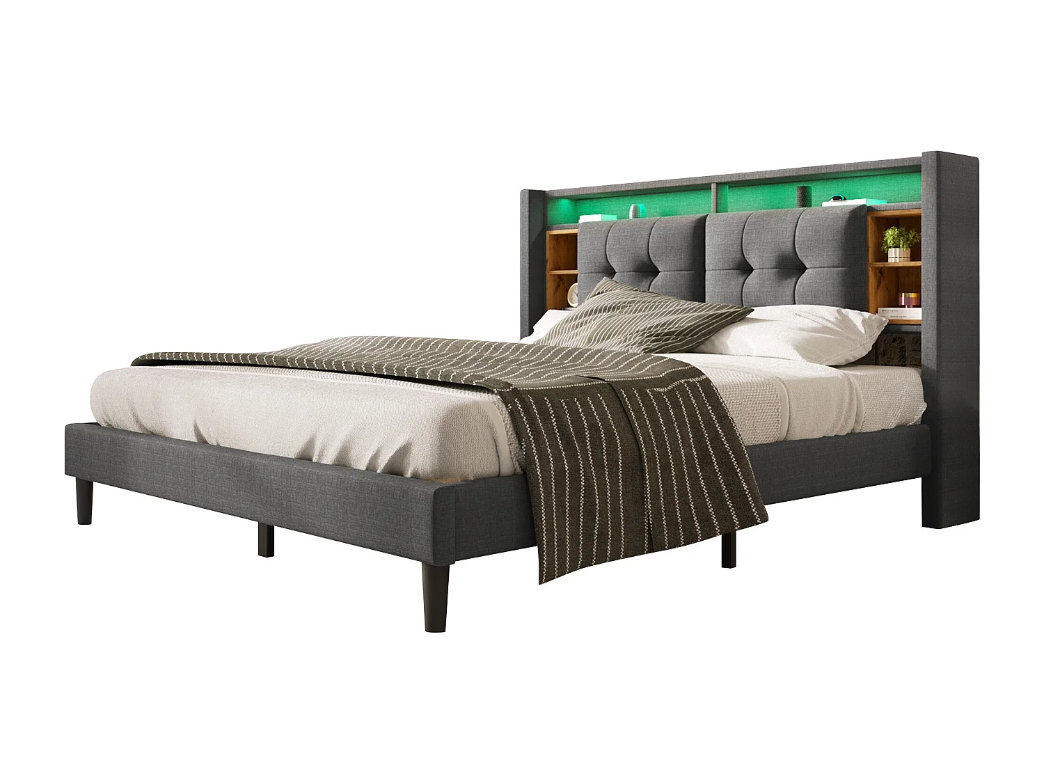 Lit rembourré double - 160 x 200 cm - avec tête de lit de rangement + USB + Leds - bois - gris