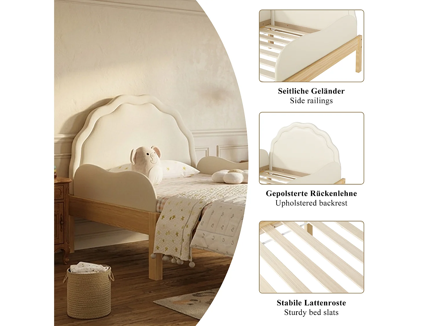 Barnsäng med klädd enkelsäng - 90 x 200 cm - med huvudgavel och ribbotten - trä - beige och naturfärgad