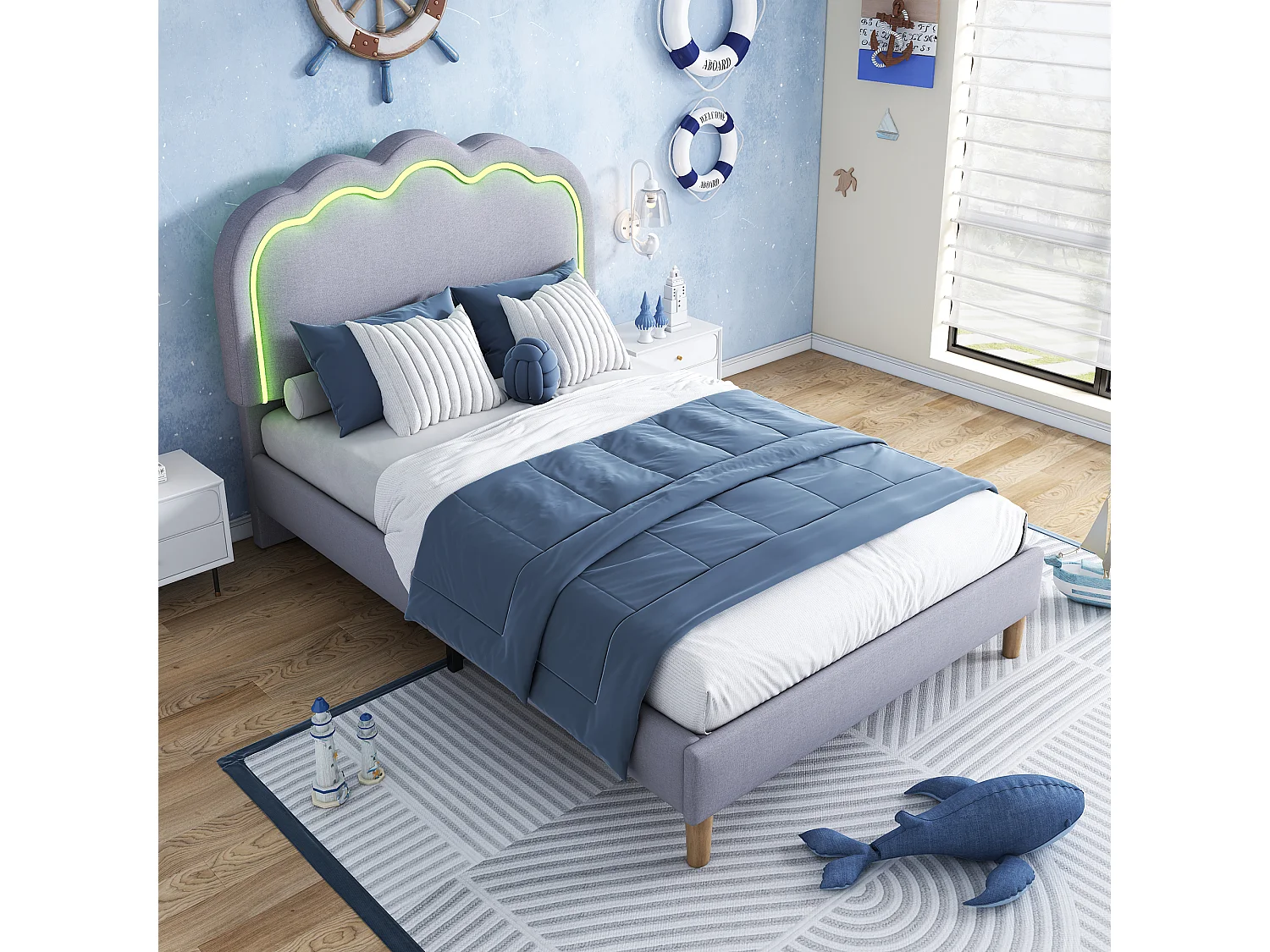 Upholstered children's bed - 90 x 190 cm - with adjustable headboard + LEDs - velvet - grey