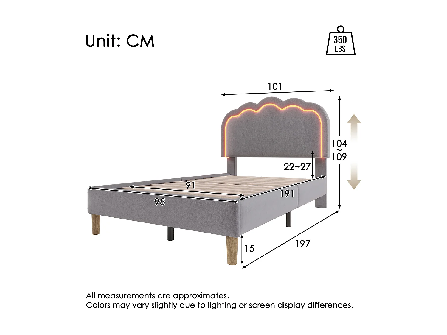 Upholstered children's bed - 90 x 190 cm - with adjustable headboard + LEDs - velvet - grey