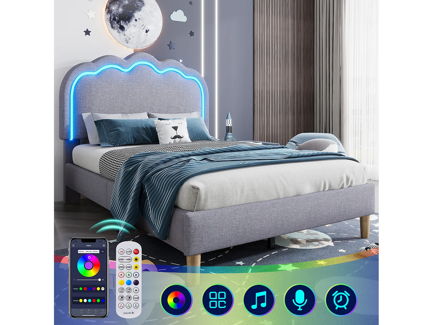 Upholstered children's bed - 90 x 190 cm - with adjustable headboard + LEDs - velvet - grey