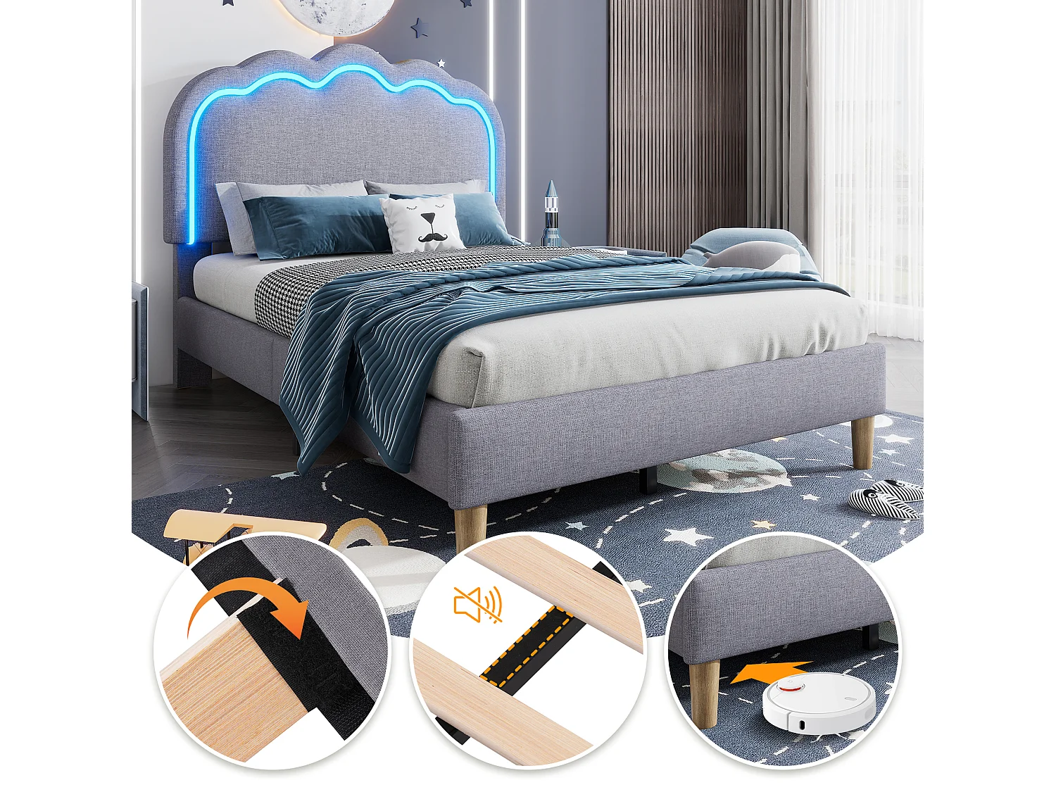 Upholstered children's bed - 90 x 190 cm - with adjustable headboard + LEDs - velvet - grey