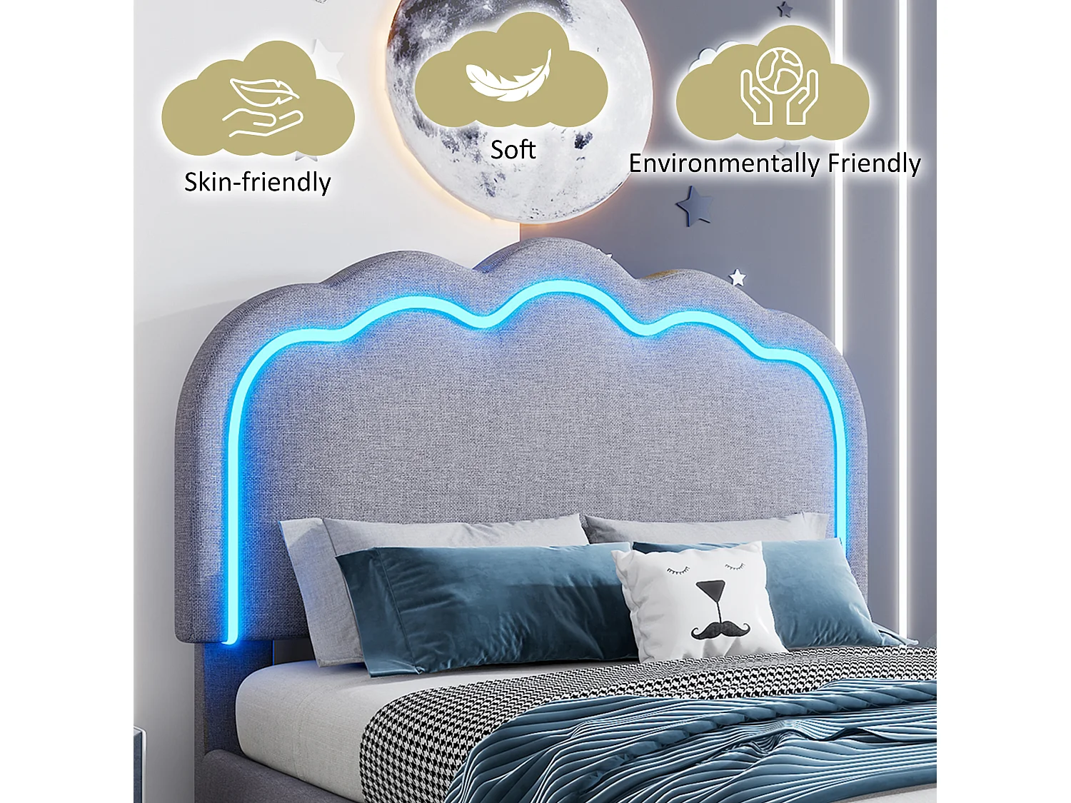 Upholstered children's bed - 90 x 190 cm - with adjustable headboard + LEDs - velvet - grey