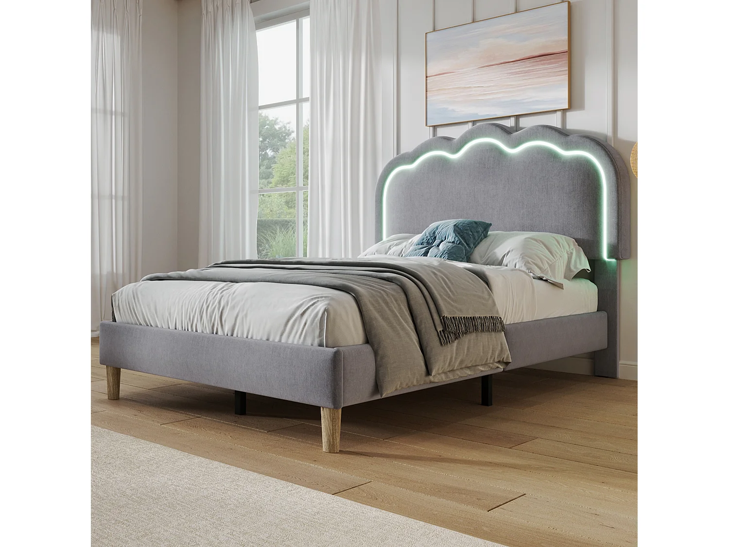 Upholstered children's bed - 90 x 190 cm - with adjustable headboard + LEDs - velvet - grey