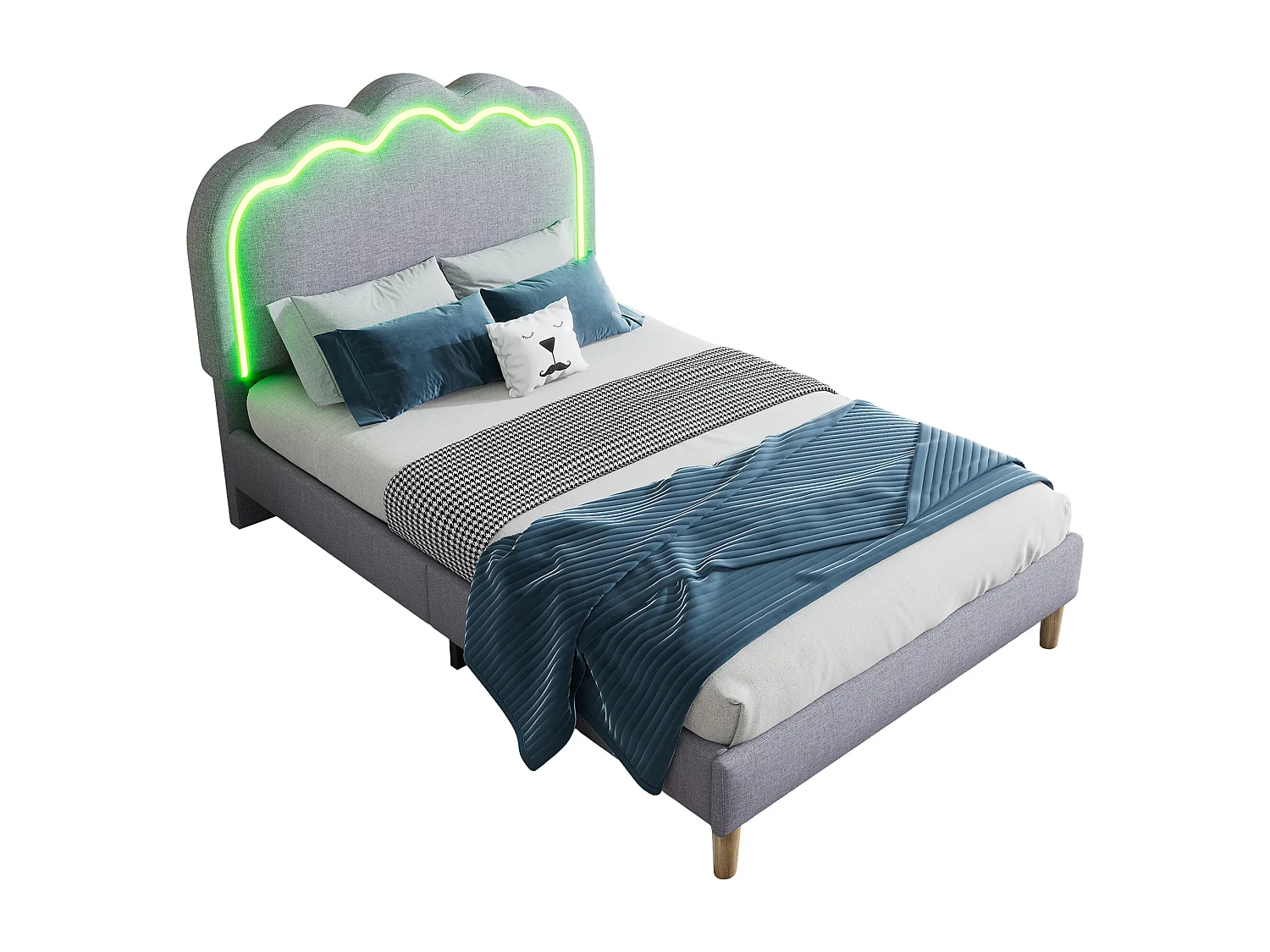 Upholstered children's bed - 90 x 190 cm - with adjustable headboard + LEDs - velvet - grey