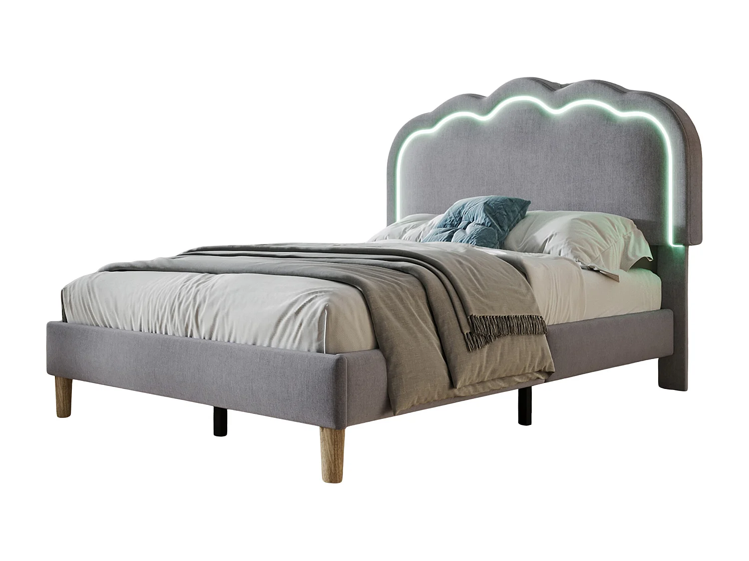 Upholstered children's bed - 90 x 190 cm - with adjustable headboard + LEDs - velvet - grey