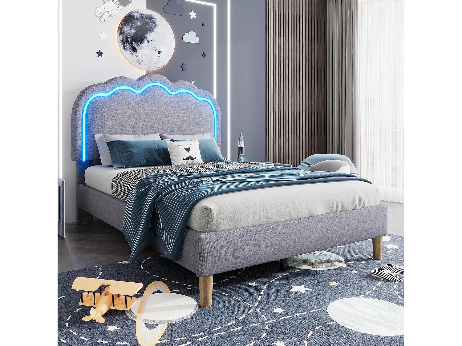 Upholstered children's bed - 90 x 190 cm - with adjustable headboard + LEDs - velvet - grey