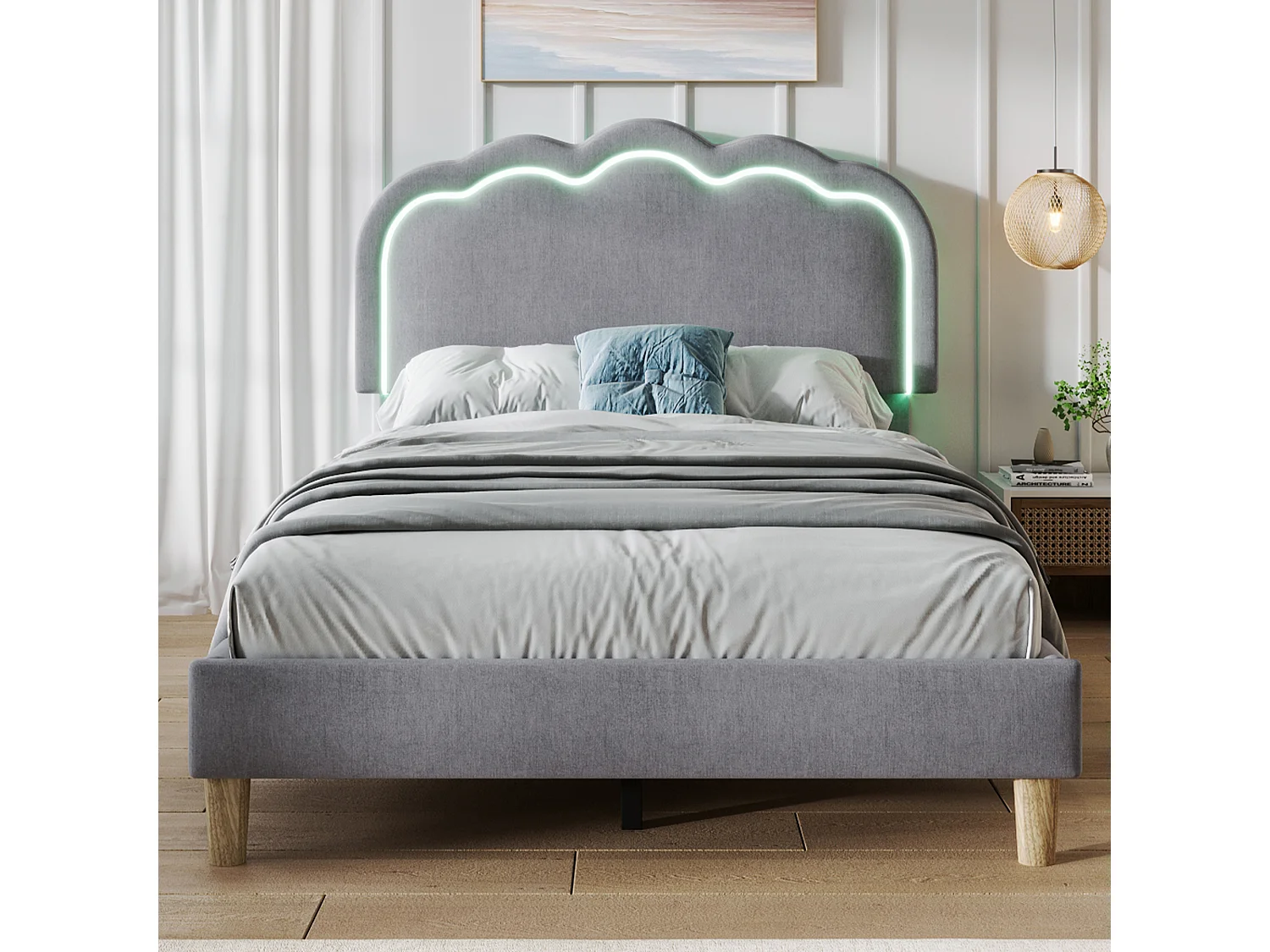 Upholstered children's bed - 90 x 190 cm - with adjustable headboard + LEDs - velvet - grey