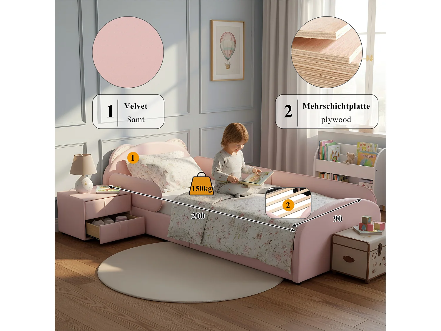 Lit capitonné simple enfant - 90 x 200 cm - avec tête de lit + table de chevet - velours + contreplaqué - rose